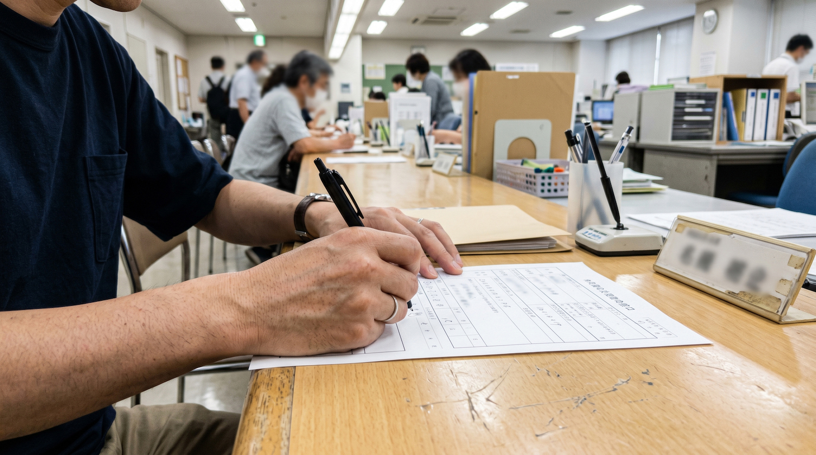 市区町村の年金窓口で書類を記入する30〜40代男性の手元