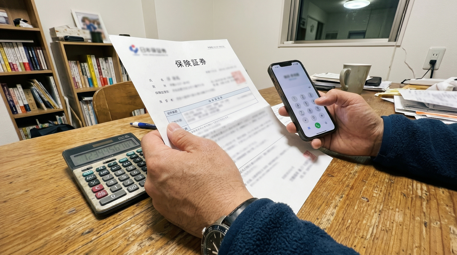 保険証券を見ながら保険会社のコールセンターに電話しようとする男性の手元