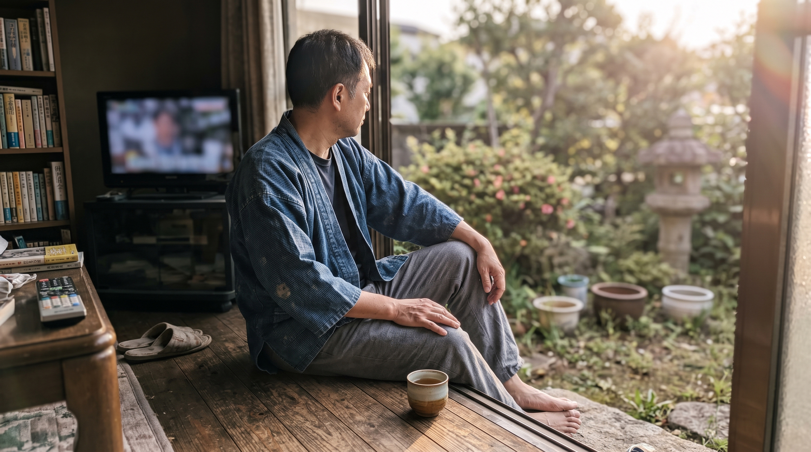 夕暮れの縁側で一人、庭を眺めて物思いにふける50〜60代男性の横顔