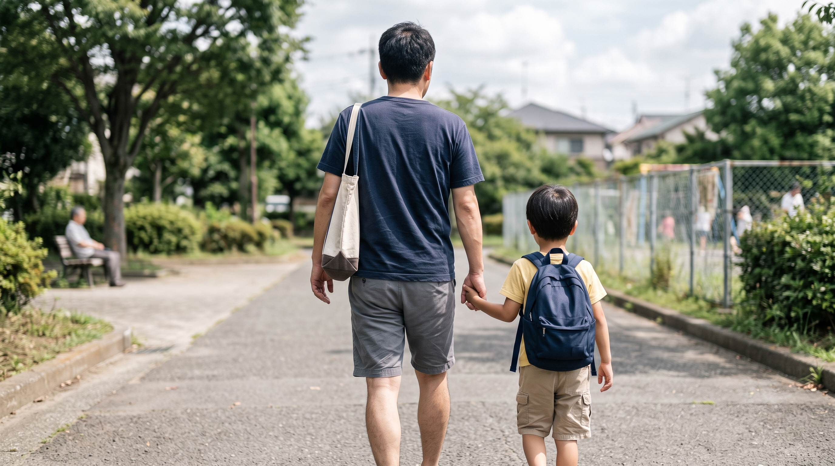 子どもと手をつないで歩く父親の後ろ姿と、制度改正を伝えるパンフレットのイメージ
