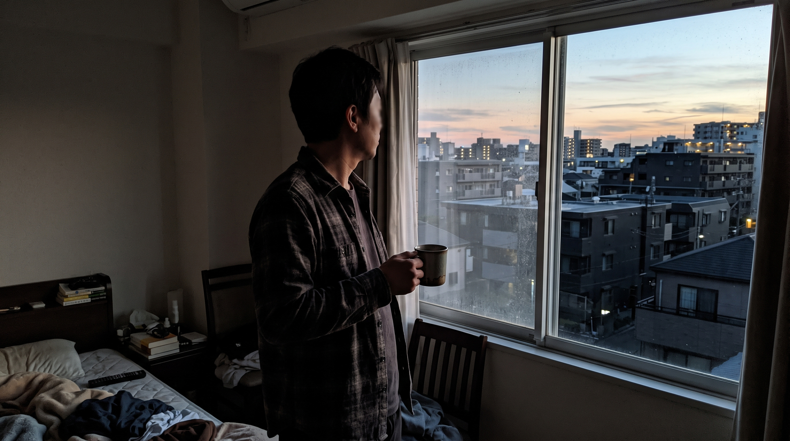 夜明けのアパートの窓辺でマグカップを手に外を見る30〜40代男性。別居して一人になった静かな部屋