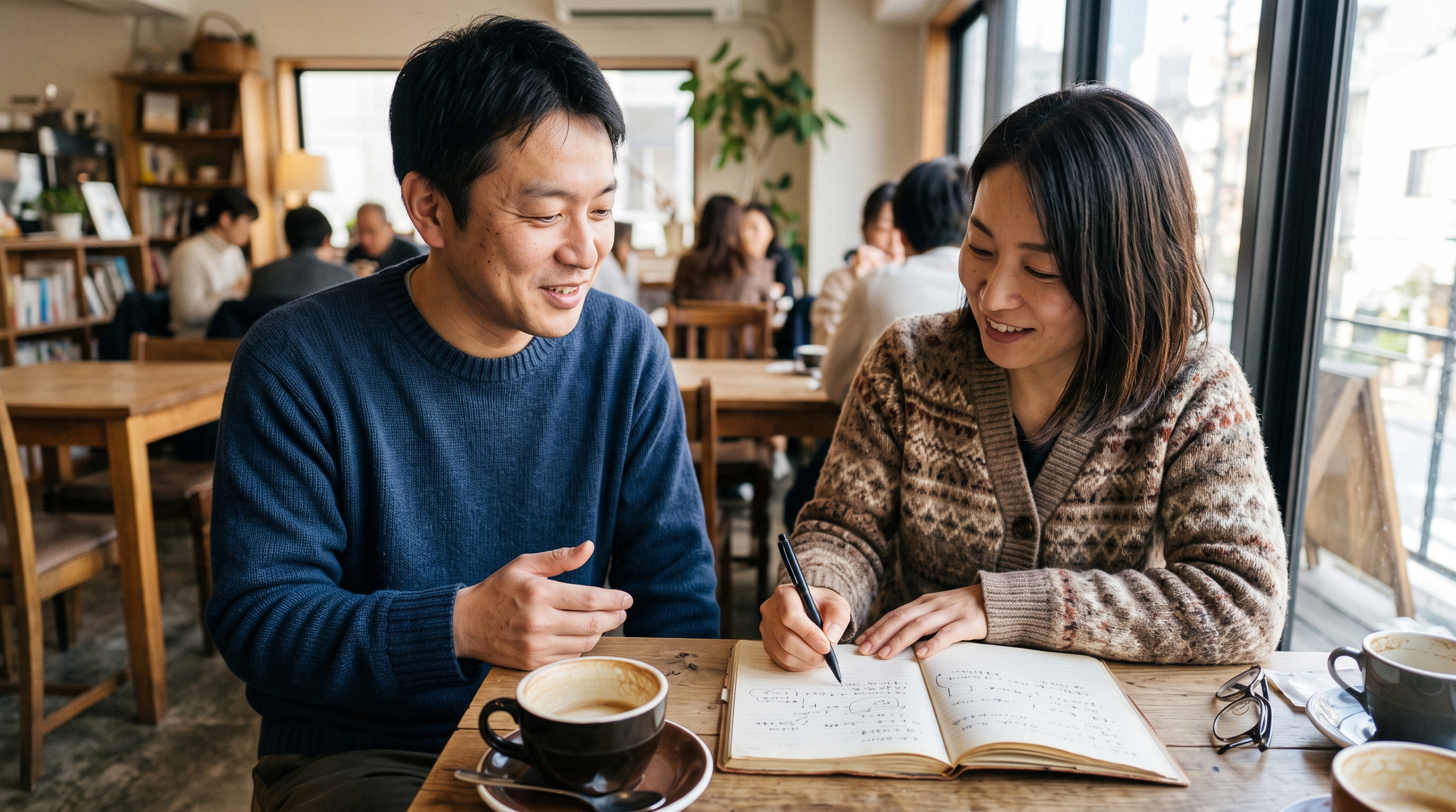 自宅のテーブルで、これからの暮らしについて前向きに話し合い、ノートにメモを取る40代くらいのカップル
